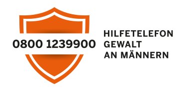 Logo des Hilfetelefons „Gewalt an Männern“. Links ist ein orangefarbenes Schild mit der Telefonnummer 0800 1239900, rechts daneben steht der Text „Hilfetelefon Gewalt an Männern“.