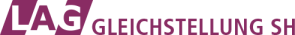 Logo der LAG Gleichstellung Schleswig-Holstein. Schriftzug „LAG Gleichstellung SH“ in dunkelroter Farbe mit stilisiertem grafischen Element links.